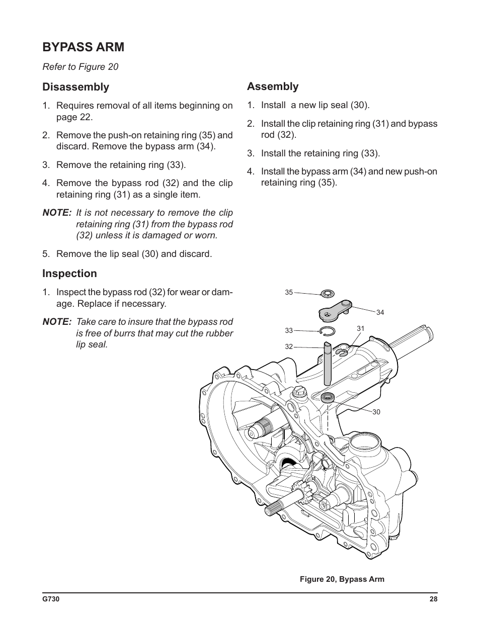 Bypass arm, Disassembly, Inspection | Assembly | Cub Cadet G730 User Manual | Page 30 / 48