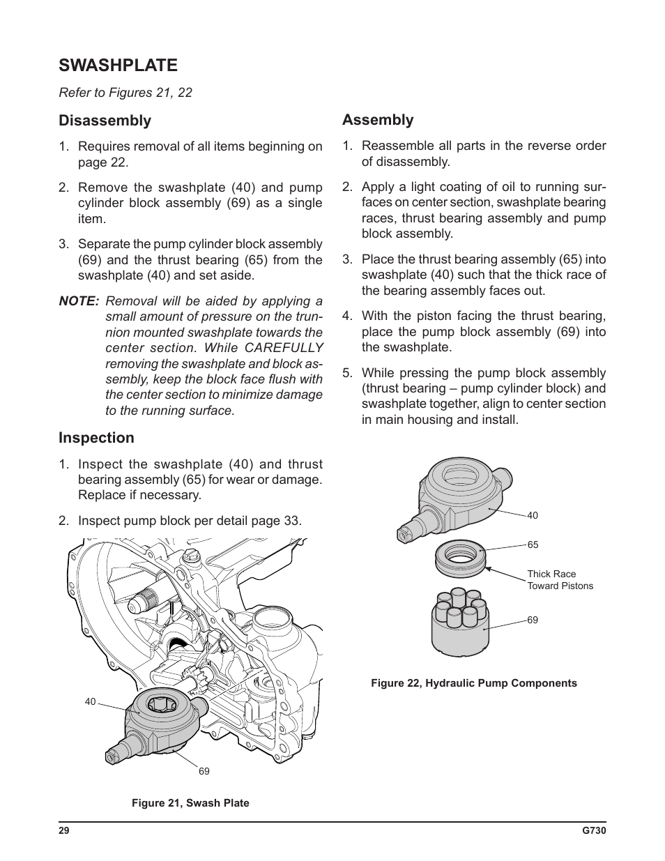 Swashplate, Disassembly, Inspection | Assembly | Cub Cadet G730 User Manual | Page 31 / 48