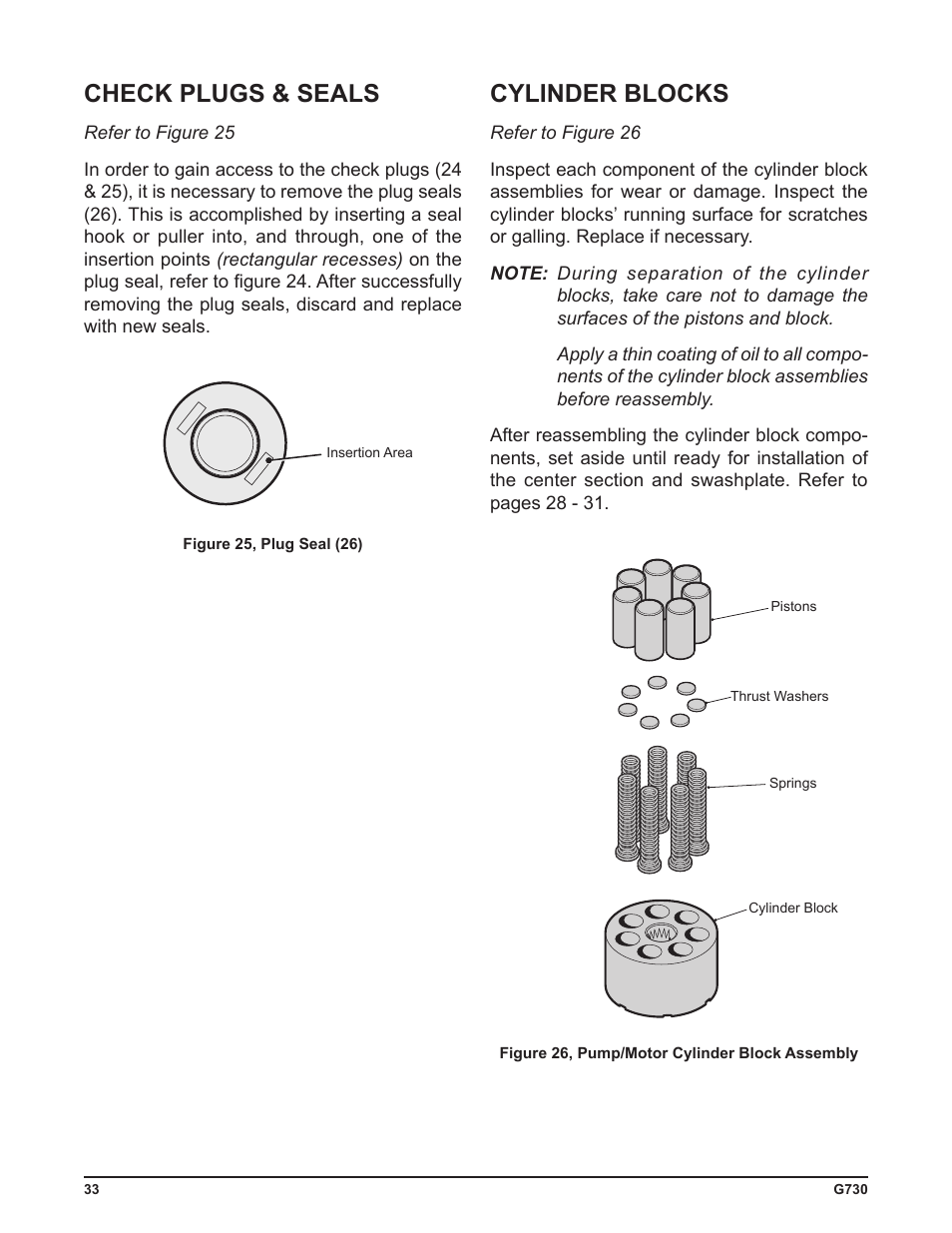 Cylinder blocks, Check plugs & seals | Cub Cadet G730 User Manual | Page 35 / 48