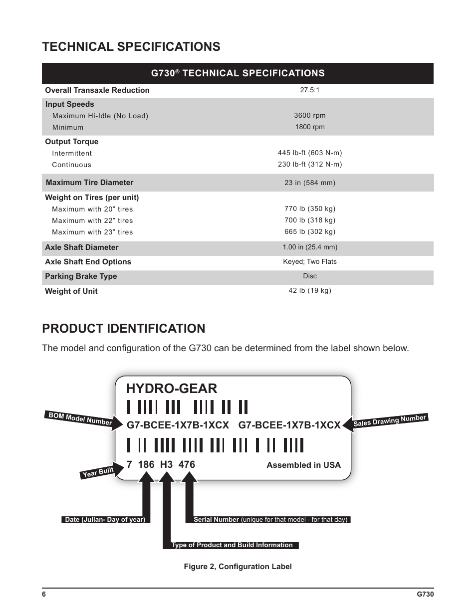 Hydro-gear, Product identification, Technical specifications | Cub Cadet G730 User Manual | Page 8 / 48