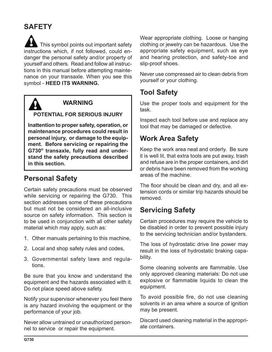 Personal safety, Tool safety, Work area safety | Servicing safety, Safety | Cub Cadet G730 User Manual | Page 9 / 48