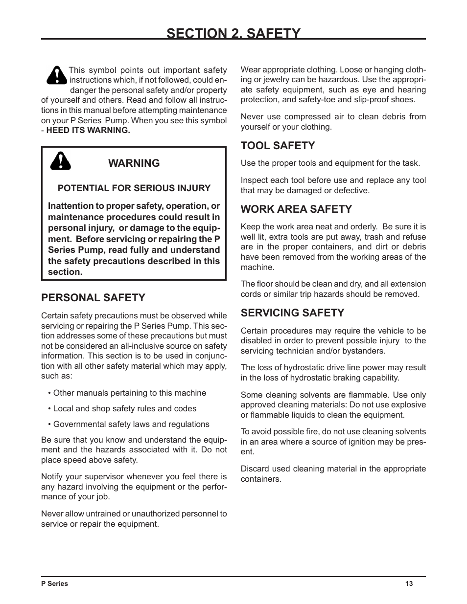 Warning, Personal safety, Tool safety | Work area safety, Servicing safety | Cub Cadet P Series User Manual | Page 18 / 136