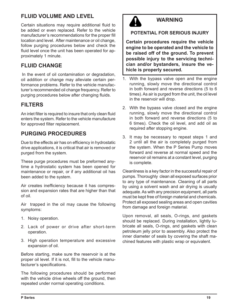 Fluid volume and level, Fluid change, Filters | Purging procedures, Warning | Cub Cadet P Series User Manual | Page 24 / 136