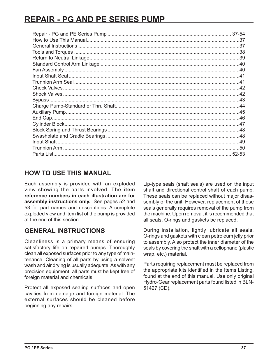 Repair - pg and pe series pump, How to use this manual, General instructions | Cub Cadet P Series User Manual | Page 42 / 136