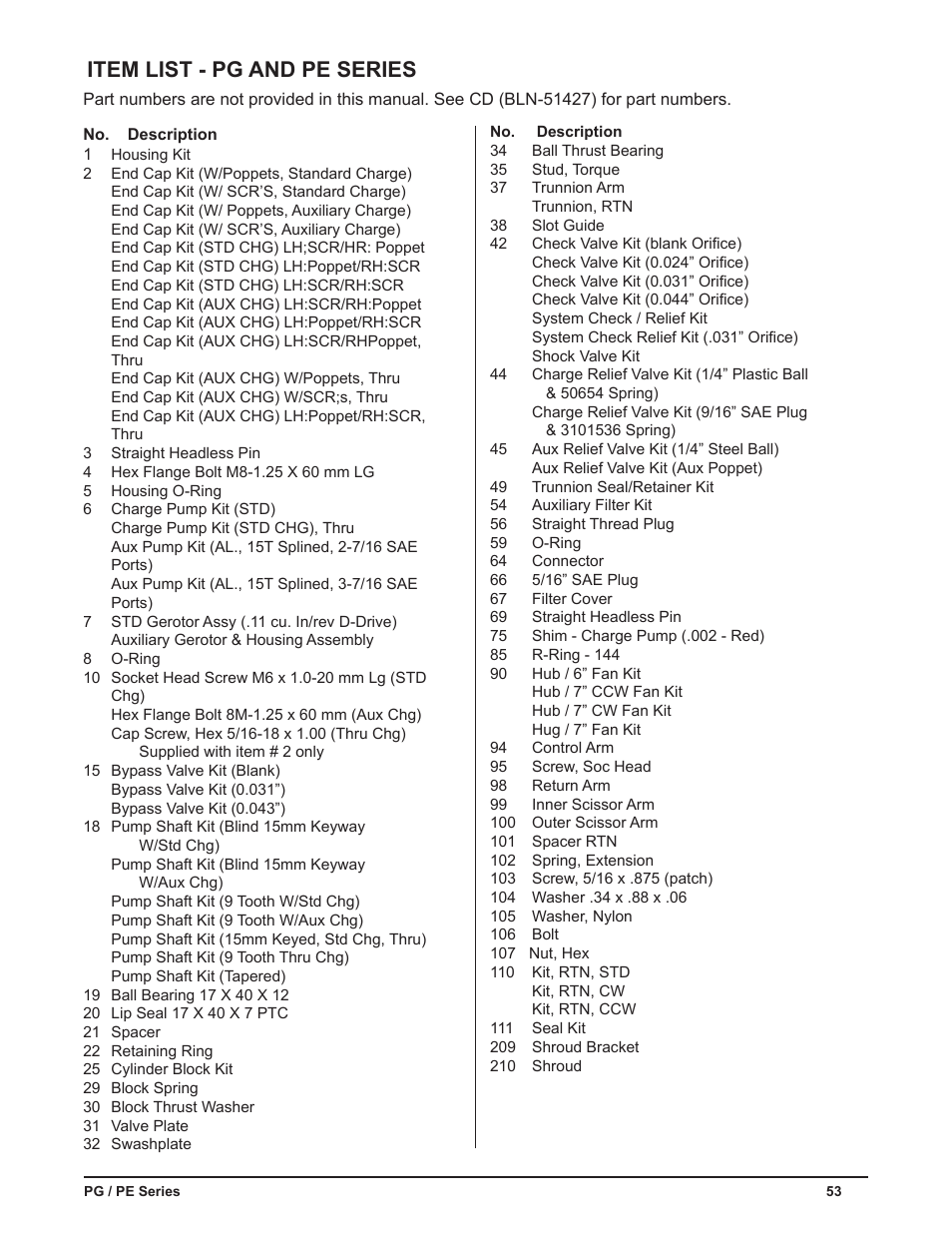 Item list - pg and pe series | Cub Cadet P Series User Manual | Page 58 / 136