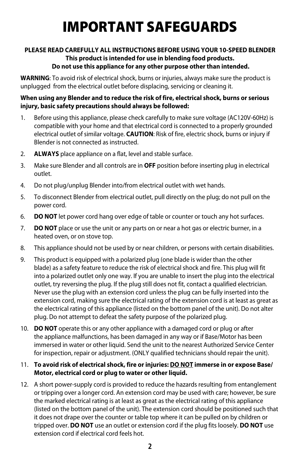 Important safeguards | CuiZen 10-speed Blender CBL-1048 User Manual | Page 2 / 7