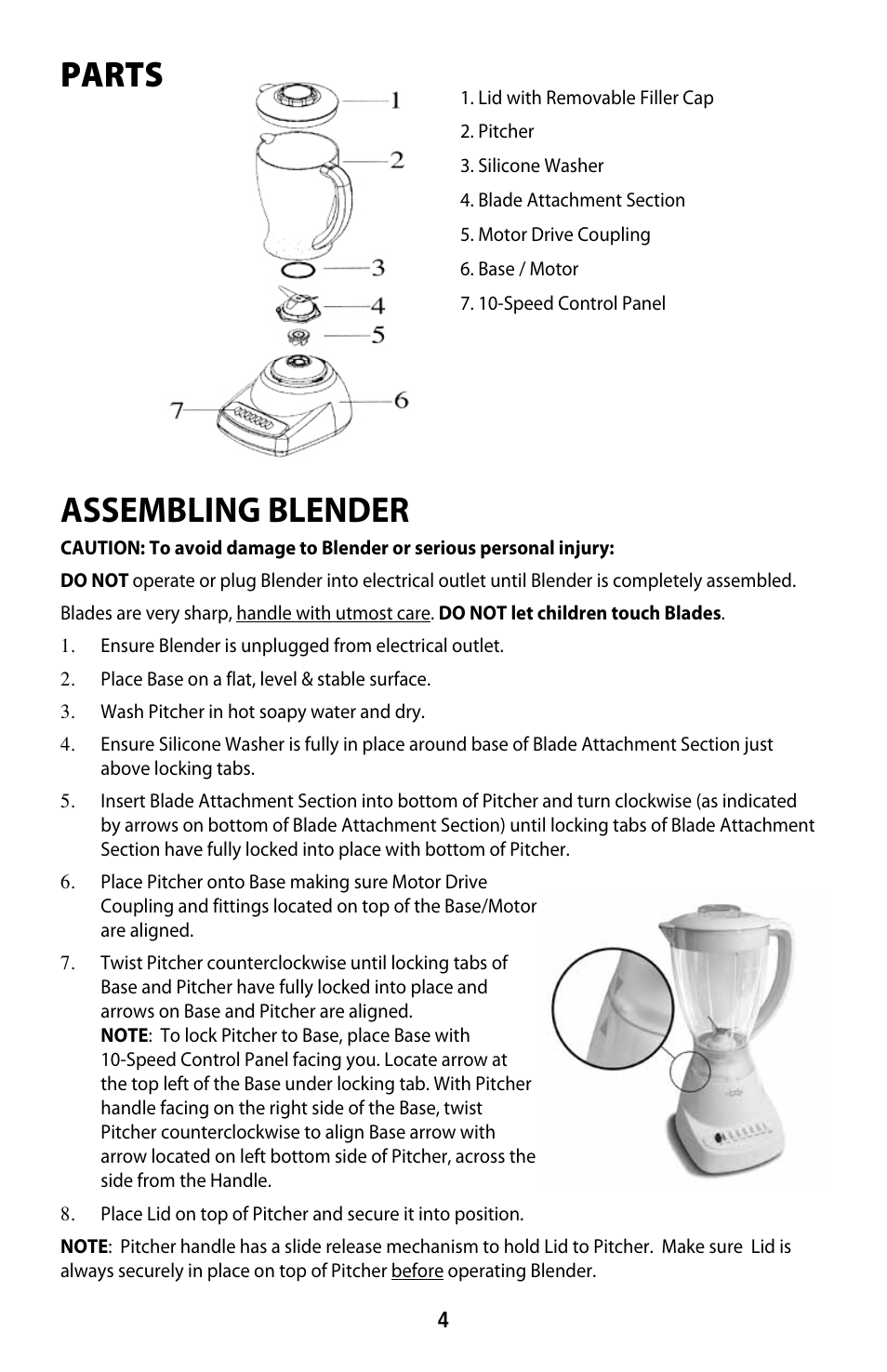Parts, Assembling blender | CuiZen 10-speed Blender CBL-1048 User Manual | Page 4 / 7