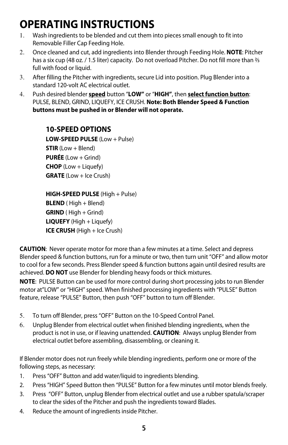 Operating instructions, Speed options | CuiZen 10-speed Blender CBL-1048 User Manual | Page 5 / 7