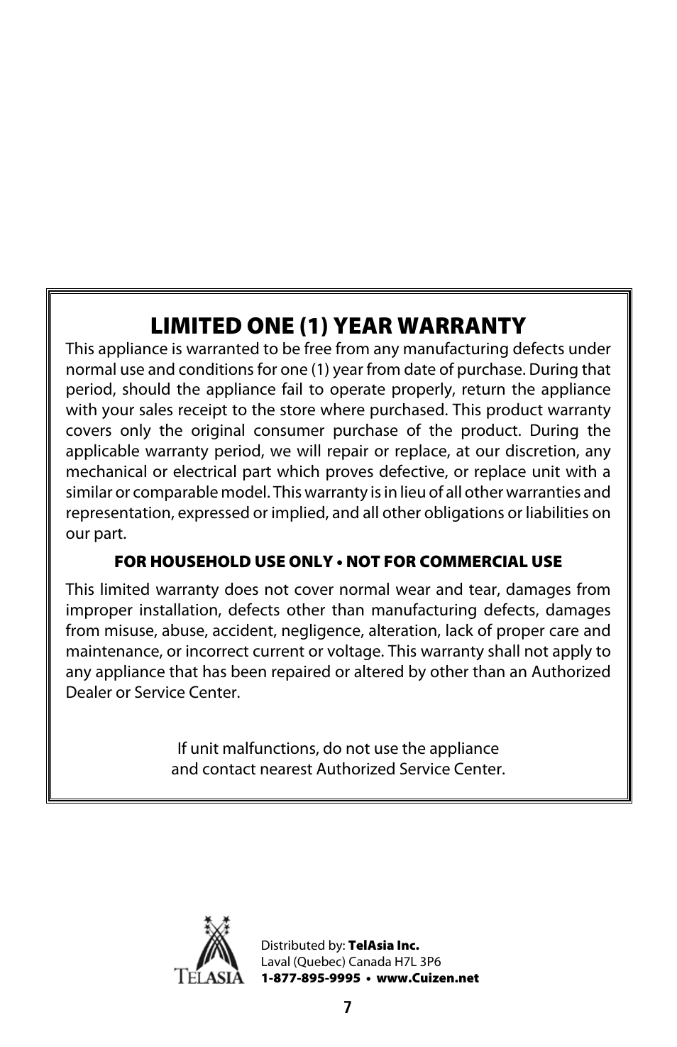 Limited one (1) year warranty | CuiZen 10-speed Blender CBL-1048 User Manual | Page 7 / 7