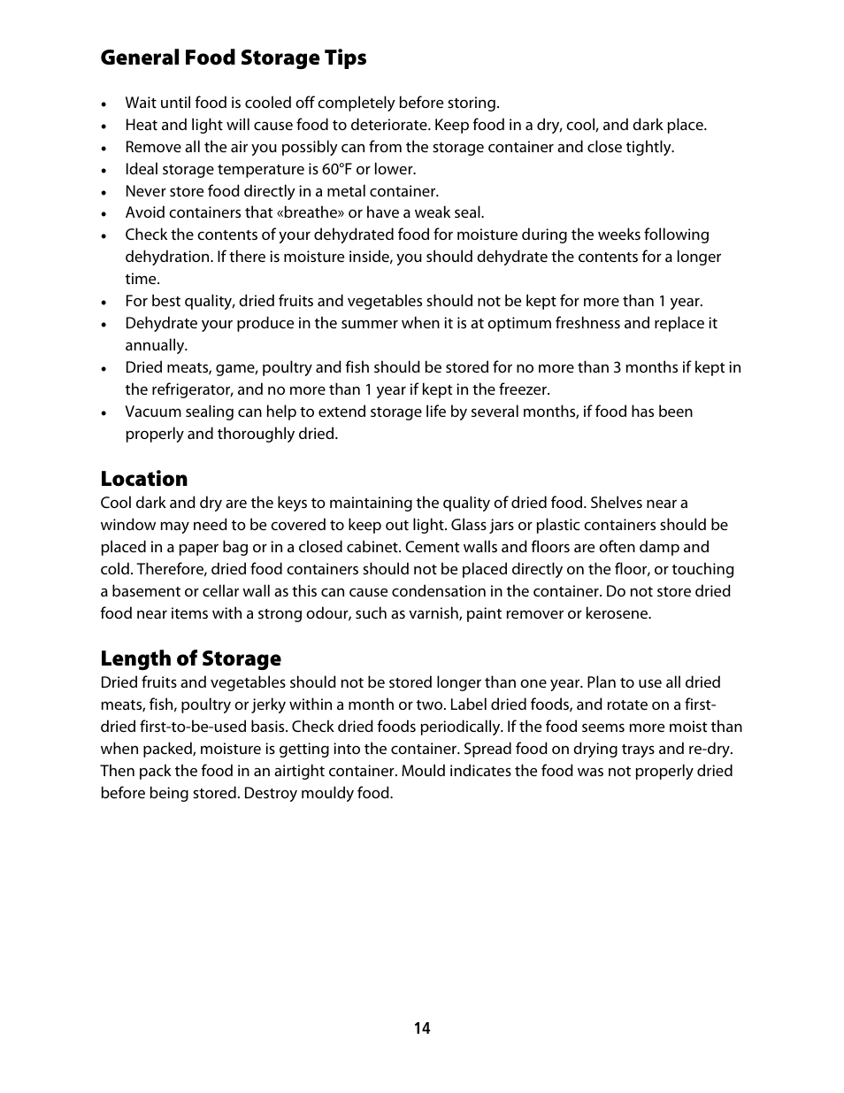 Cfd-2006_userguide_english_final 25, General food storage tips, Location | Length of storage | CuiZen Dehydrator CFD-20 User Manual | Page 14 / 26