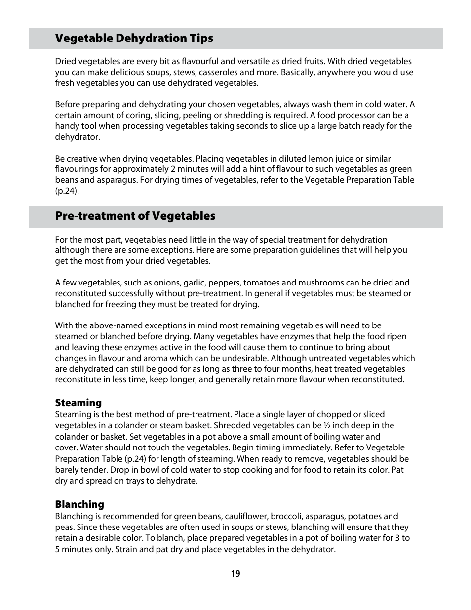 Cfd-2006_userguide_english_final 14, Vegetable dehydration tips, Pre-treatment of vegetables | CuiZen Dehydrator CFD-20 User Manual | Page 19 / 26
