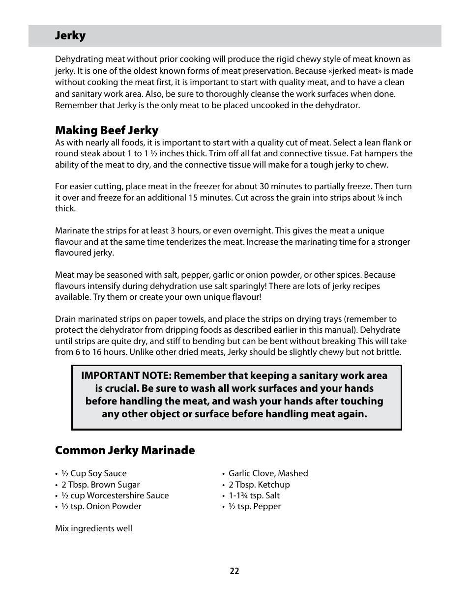 Cfd-2006_userguide_english_final 9, Jerky, Making beef jerky | Common jerky marinade | CuiZen Dehydrator CFD-20 User Manual | Page 22 / 26