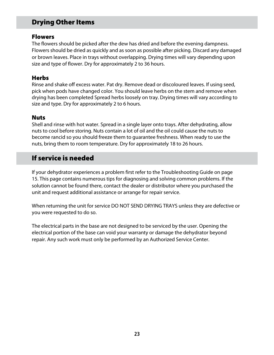 Cfd-2006_userguide_english_final 6, Drying other items, If service is needed | CuiZen Dehydrator CFD-20 User Manual | Page 23 / 26