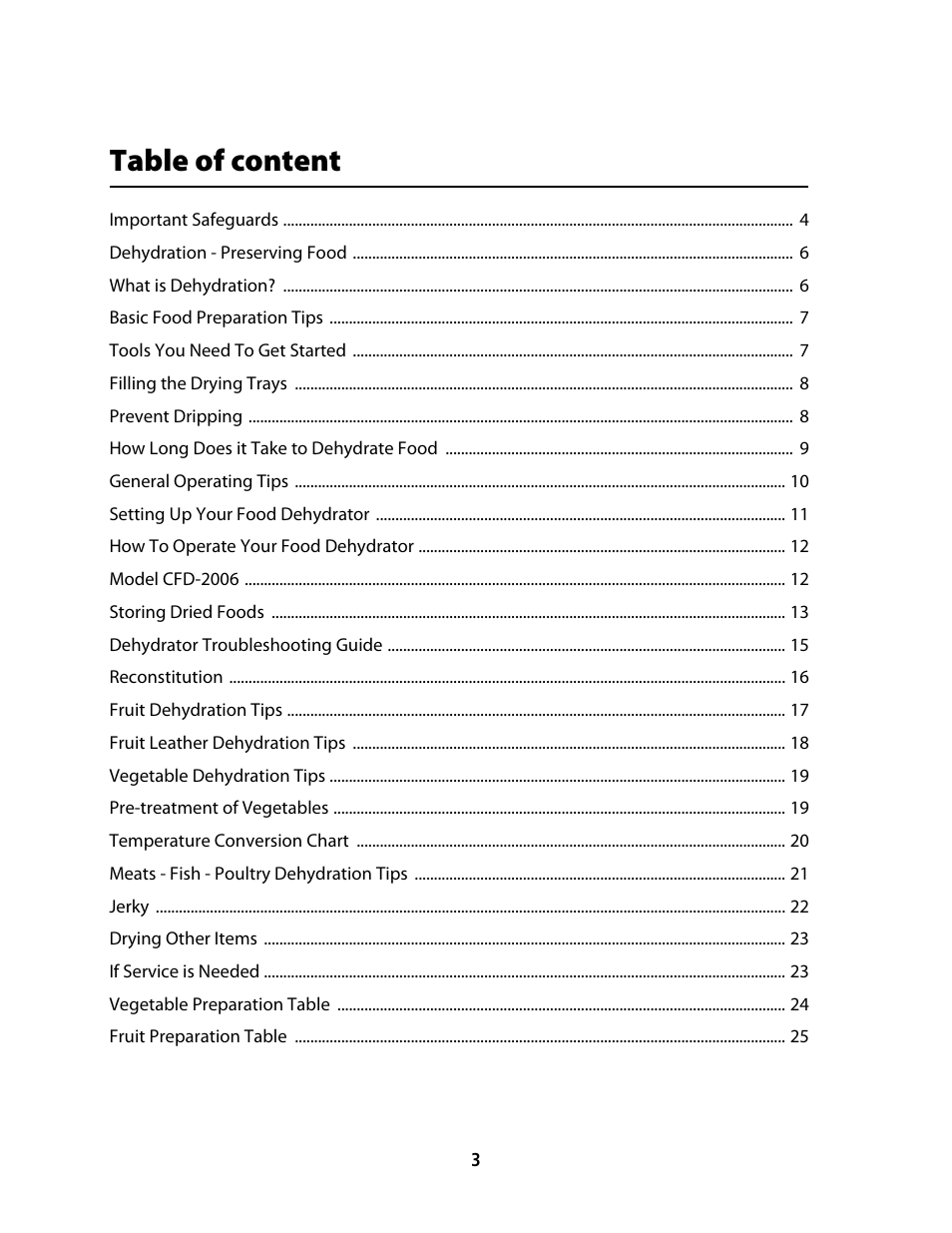 Cfd-2006_userguide_english_final 4, Table of content | CuiZen Dehydrator CFD-20 User Manual | Page 3 / 26
