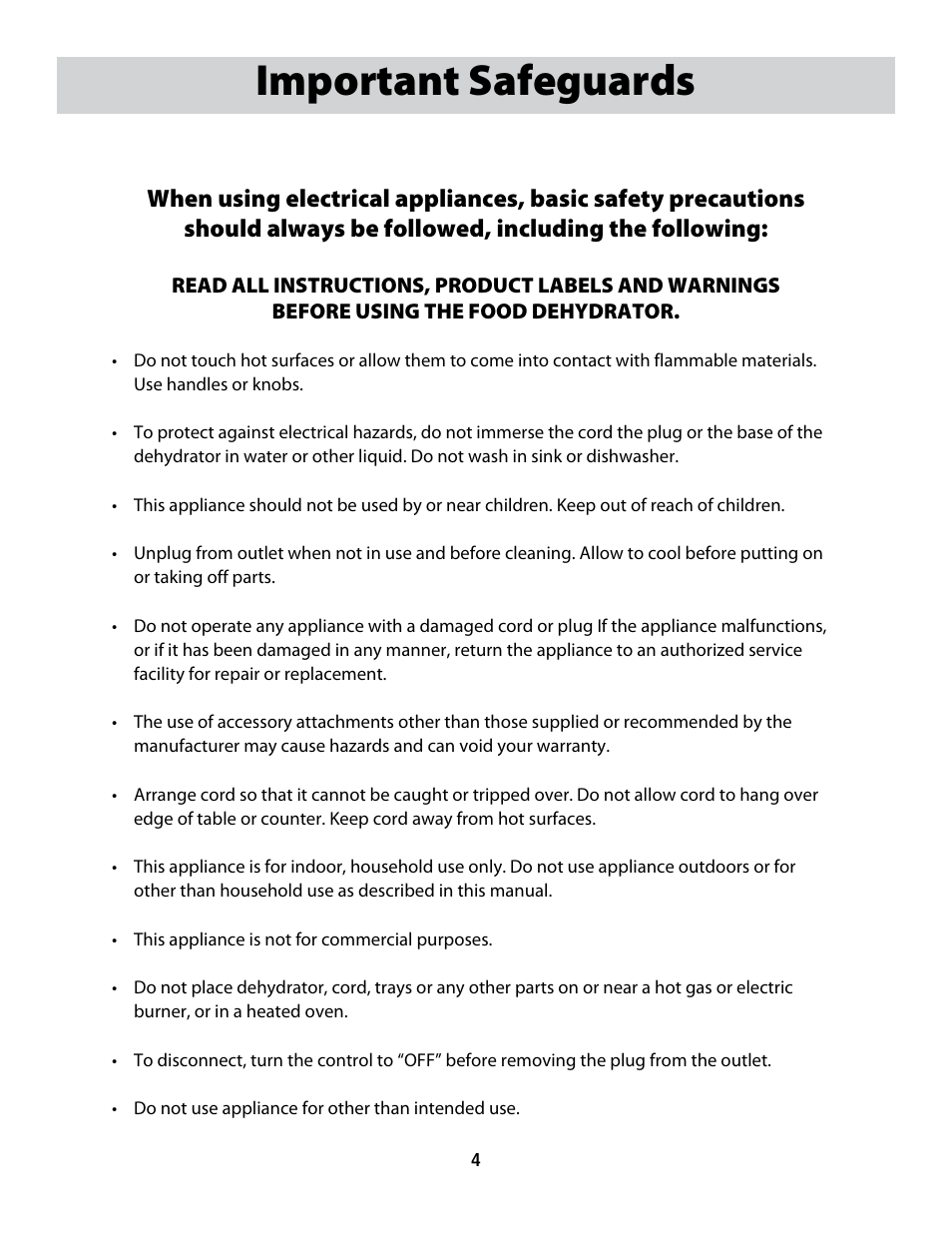 Cfd-2006_userguide_english_final 7, Important safeguards | CuiZen Dehydrator CFD-20 User Manual | Page 4 / 26