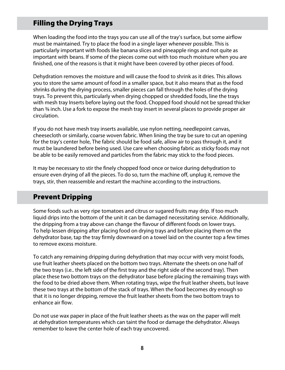 Cfd-2006_userguide_english_final 15, Filling the drying trays, Prevent dripping | CuiZen Dehydrator CFD-20 User Manual | Page 8 / 26