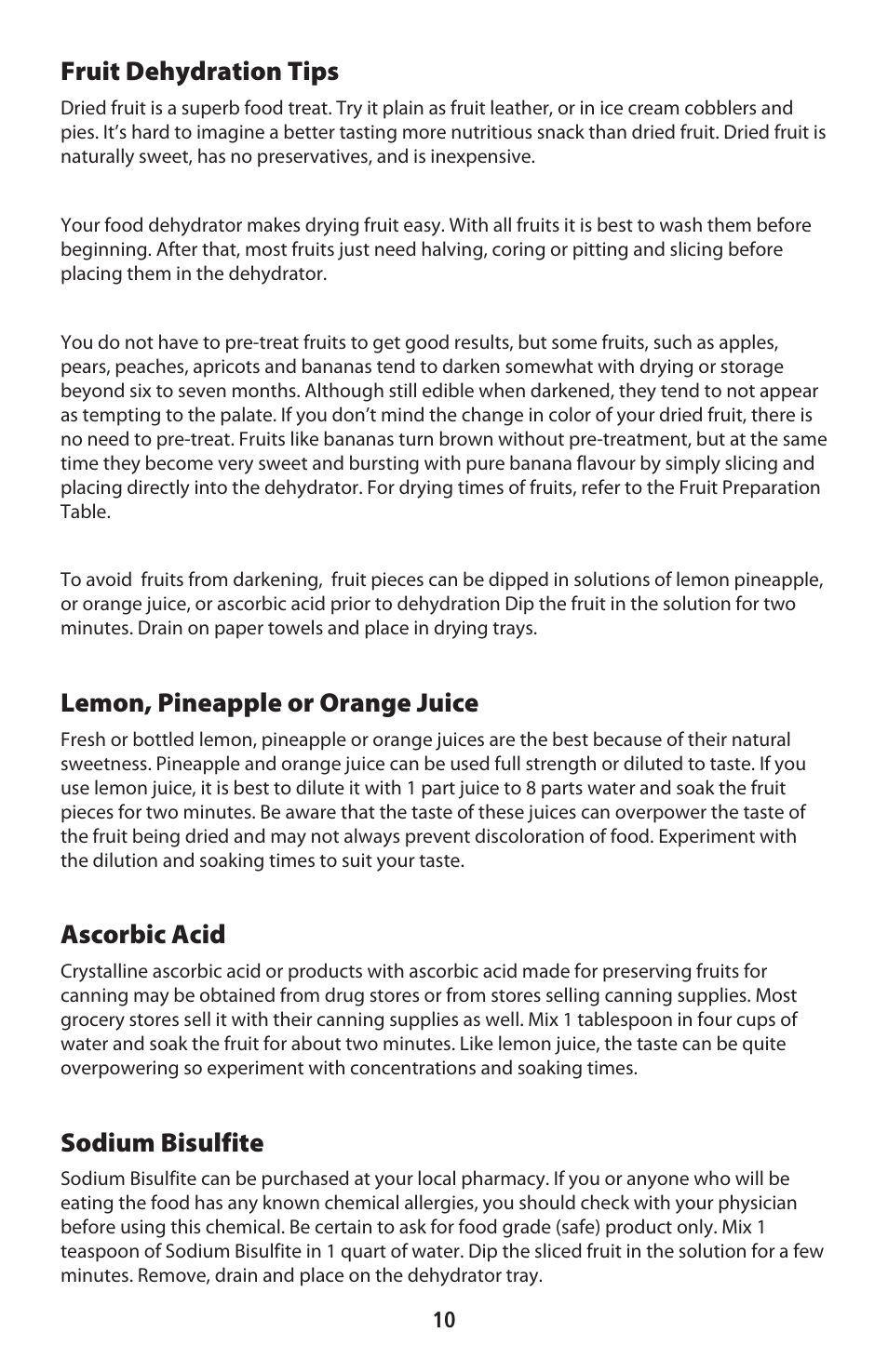 Fruit dehydration tips, Lemon, pineapple or orange juice, Ascorbic acid | Sodium bisulfite | CuiZen Stainless Steel Dehyadrator CFD-2040CS User Manual | Page 10 / 19