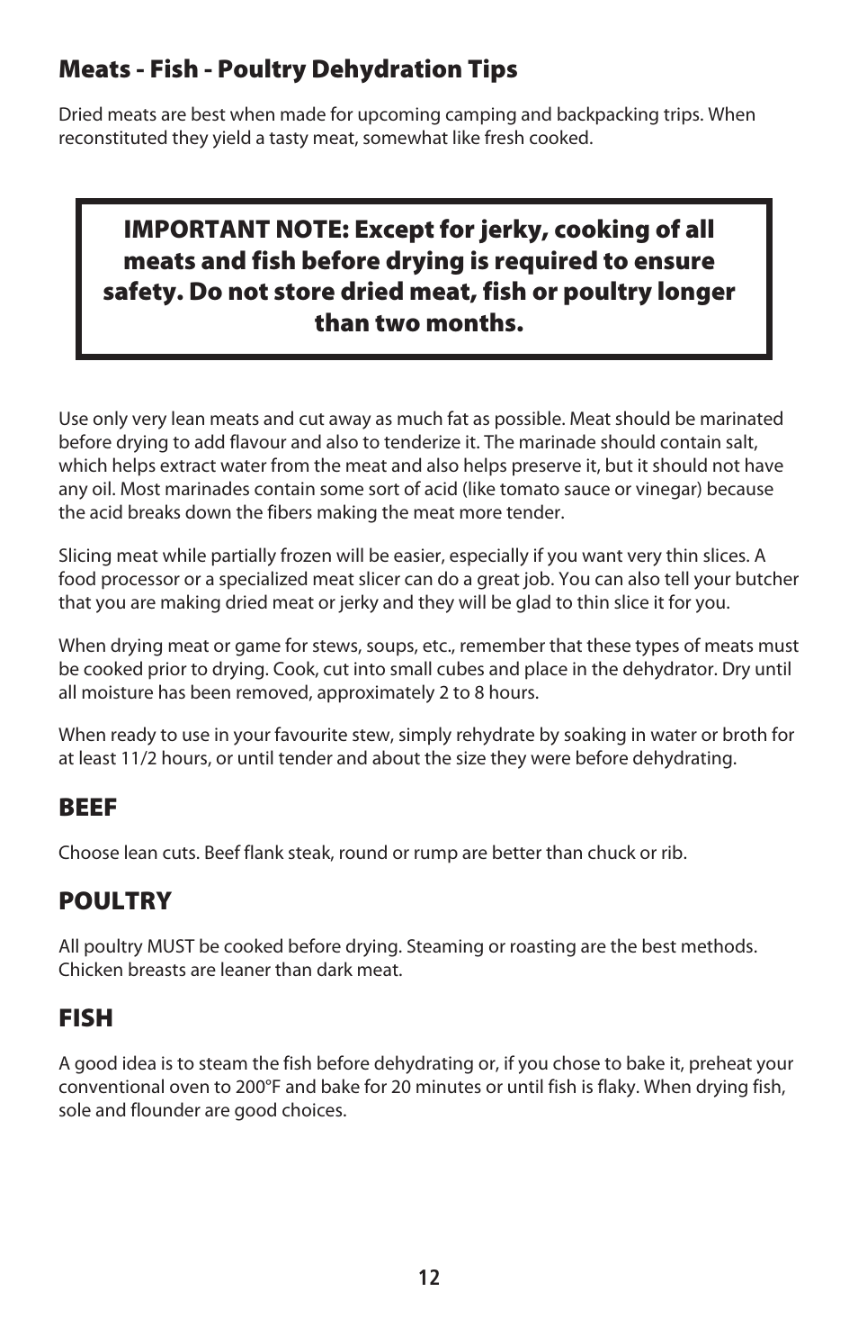 Meats - fish - poultry dehydration tips, Beef, Poultry | Fish | CuiZen Stainless Steel Dehyadrator CFD-2040CS User Manual | Page 12 / 19
