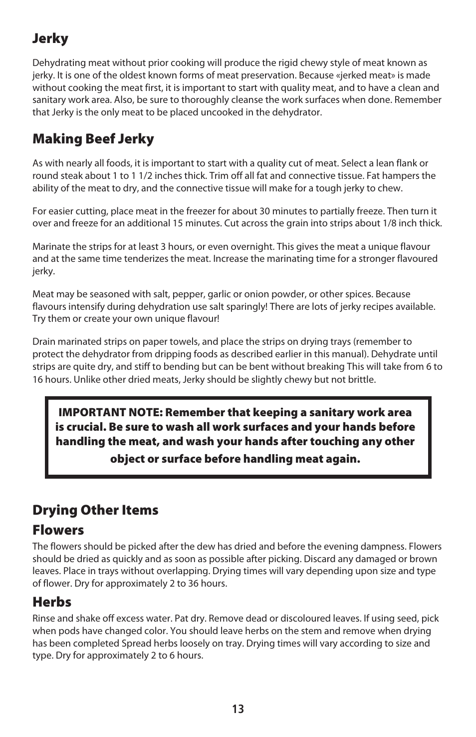 Jerky, Making beef jerky, Drying other items flowers | Herbs | CuiZen Stainless Steel Dehyadrator CFD-2040CS User Manual | Page 13 / 19