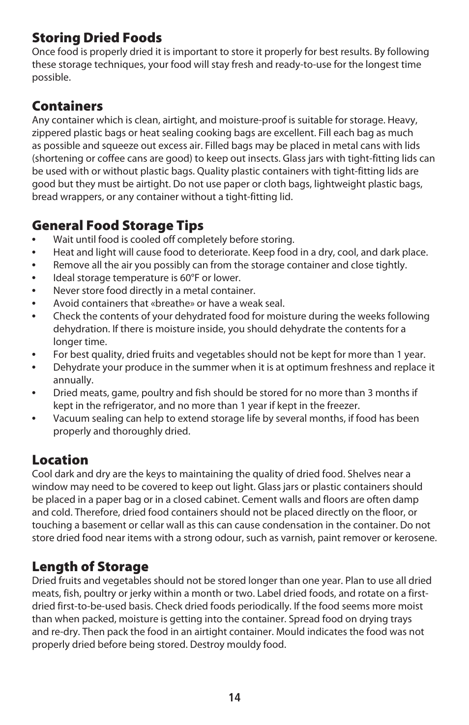 Storing dried foods, Containers, General food storage tips | Location, Length of storage | CuiZen Stainless Steel Dehyadrator CFD-2040CS User Manual | Page 14 / 19