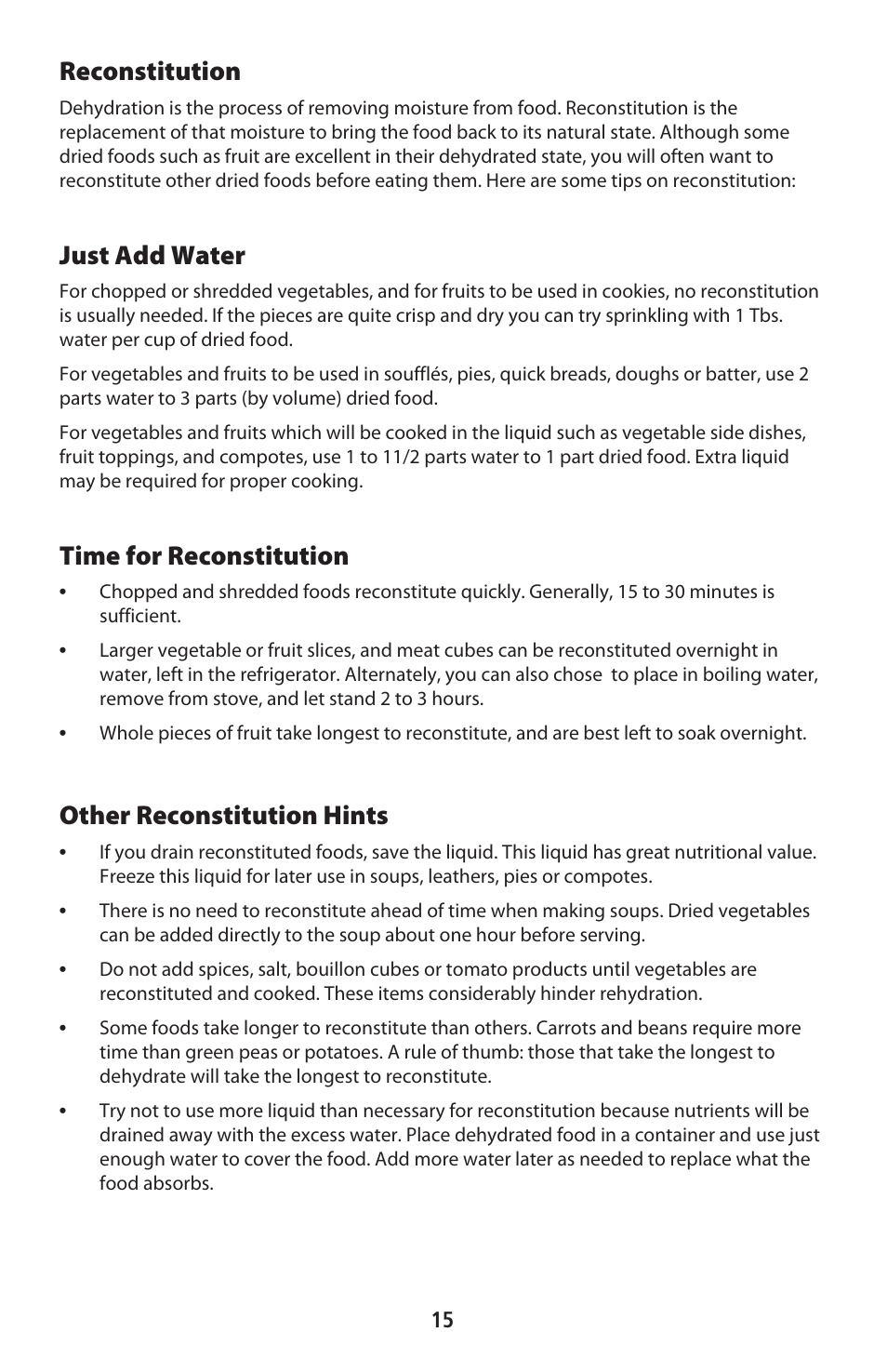 Reconstitution, Just add water, Time for reconstitution | Other reconstitution hints | CuiZen Stainless Steel Dehyadrator CFD-2040CS User Manual | Page 15 / 19