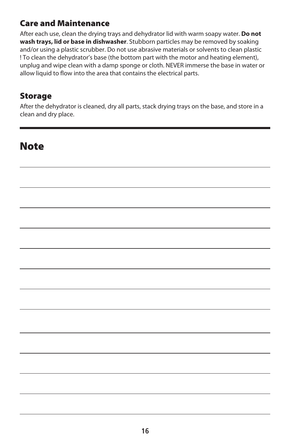 Care and maintenance, Storage | CuiZen Stainless Steel Dehyadrator CFD-2040CS User Manual | Page 16 / 19