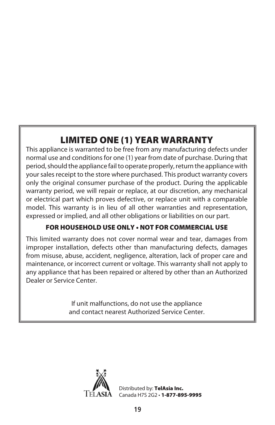 Limited one (1) year warranty | CuiZen Stainless Steel Dehyadrator CFD-2040CS User Manual | Page 19 / 19