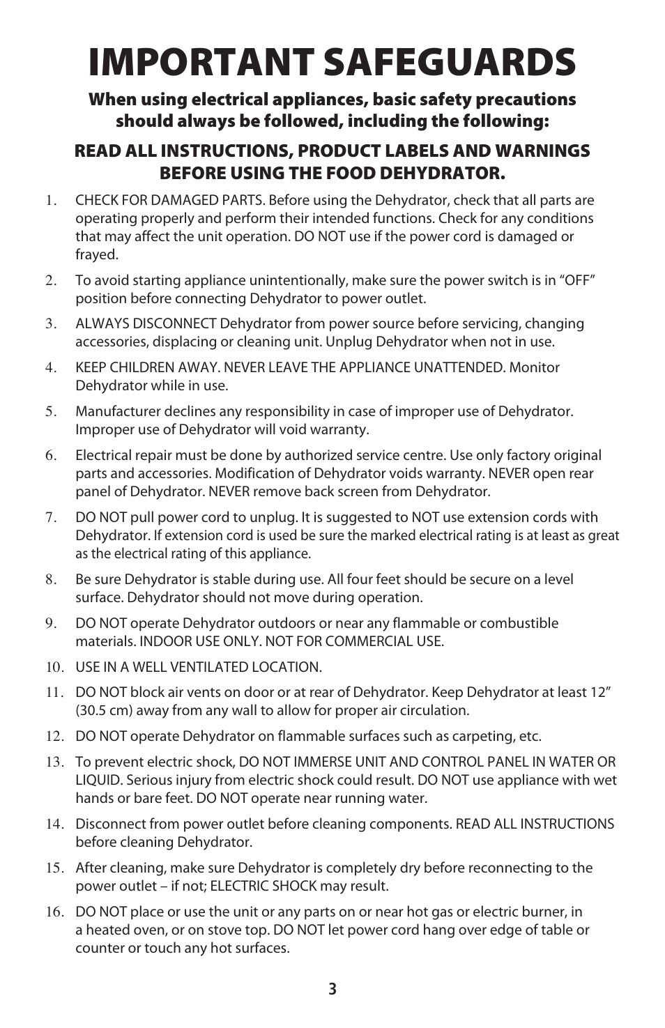 Important safeguards | CuiZen Stainless Steel Dehyadrator CFD-2040CS User Manual | Page 3 / 19