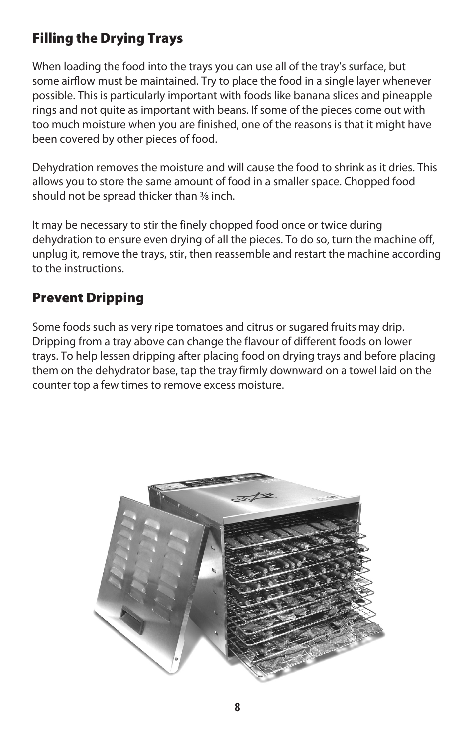 Filling the drying trays, Prevent dripping | CuiZen Stainless Steel Dehyadrator CFD-2040CS User Manual | Page 8 / 19