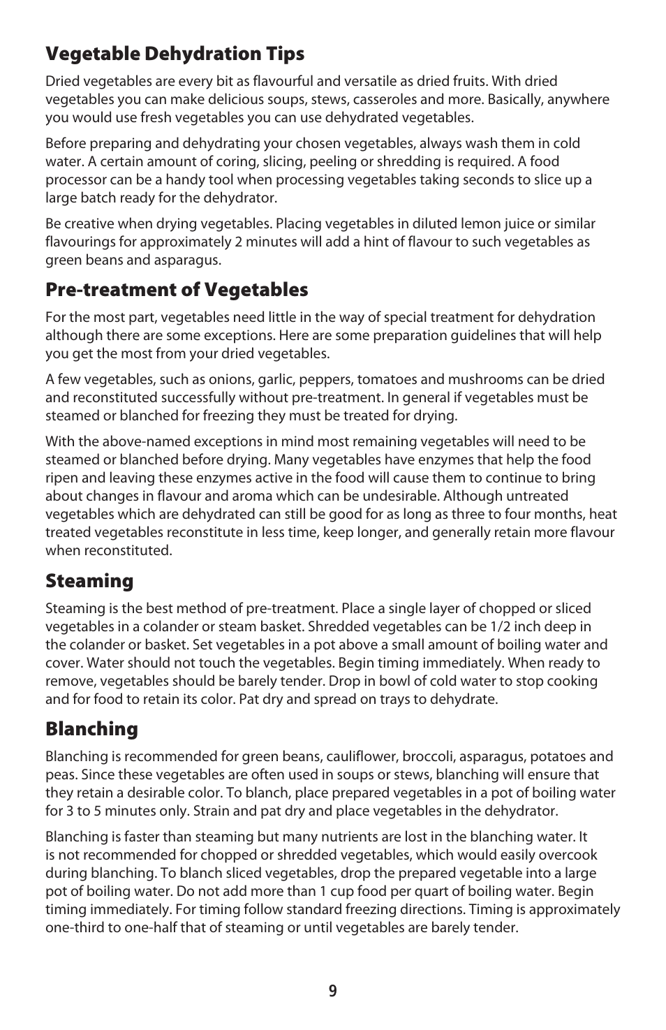 Vegetable dehydration tips, Pre-treatment of vegetables, Steaming | Blanching | CuiZen Stainless Steel Dehyadrator CFD-2040CS User Manual | Page 9 / 19