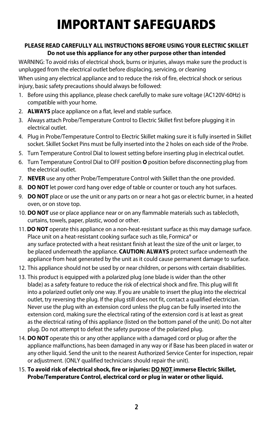 Important safeguards | CuiZen Electric Skillet CES-1215R0 User Manual | Page 2 / 5