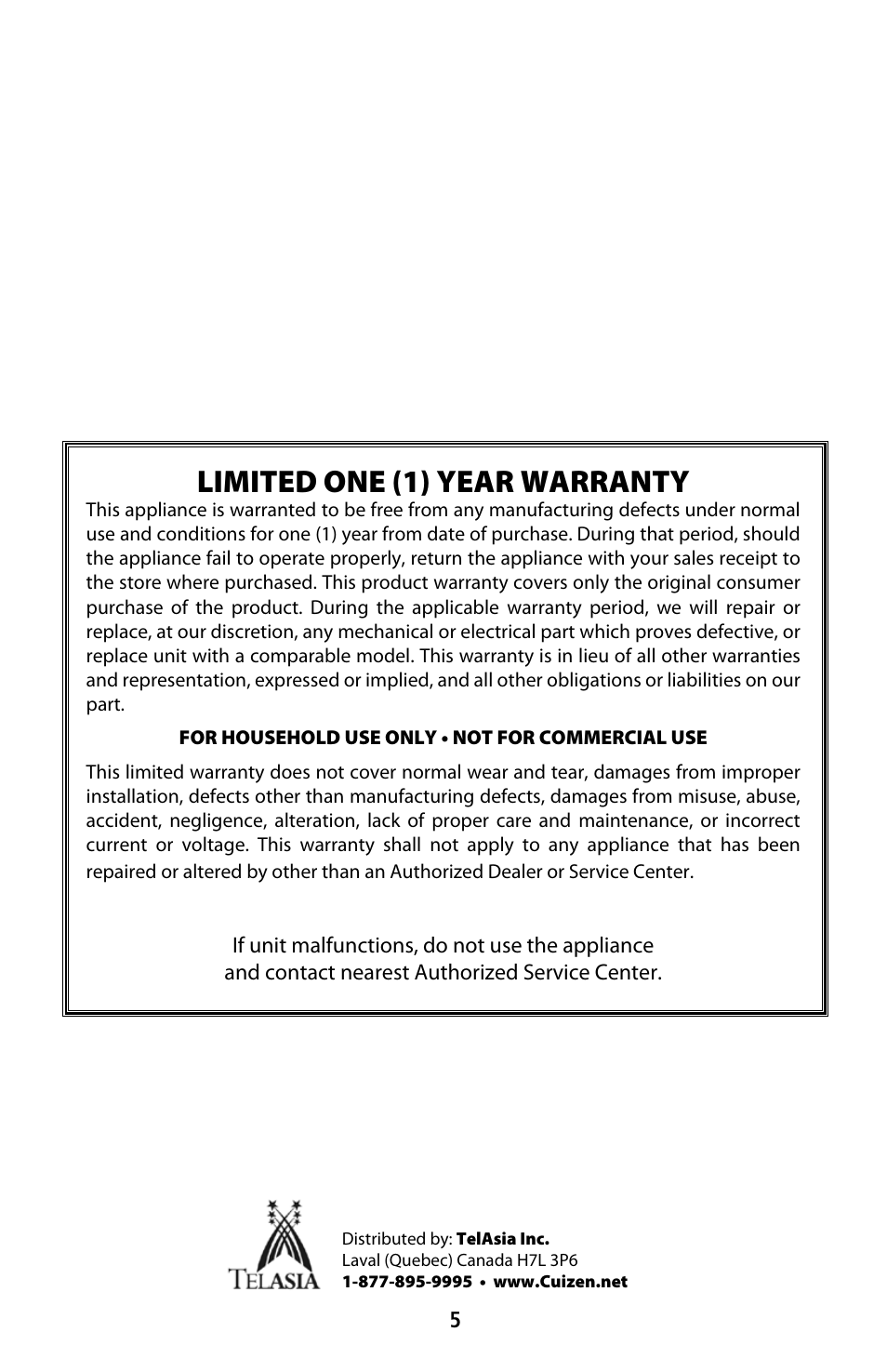 Limited one (1) year warranty | CuiZen Electric Skillet CES-1215R0 User Manual | Page 5 / 5