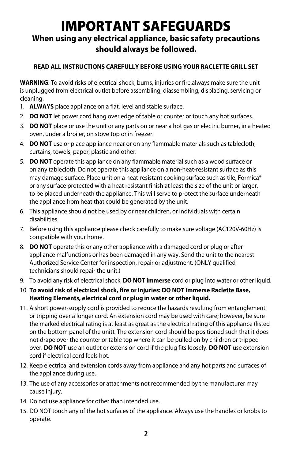 Important safeguards | CuiZen Ceragrill Raclette Grill User Manual | Page 2 / 7
