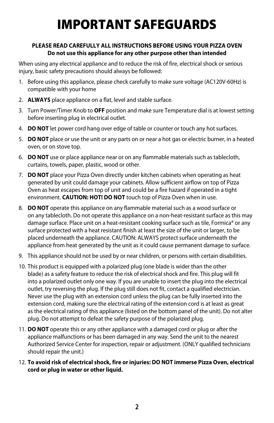 Important safeguards | CuiZen Pizza Oven PIZ-1812 User Manual | Page 2 / 9