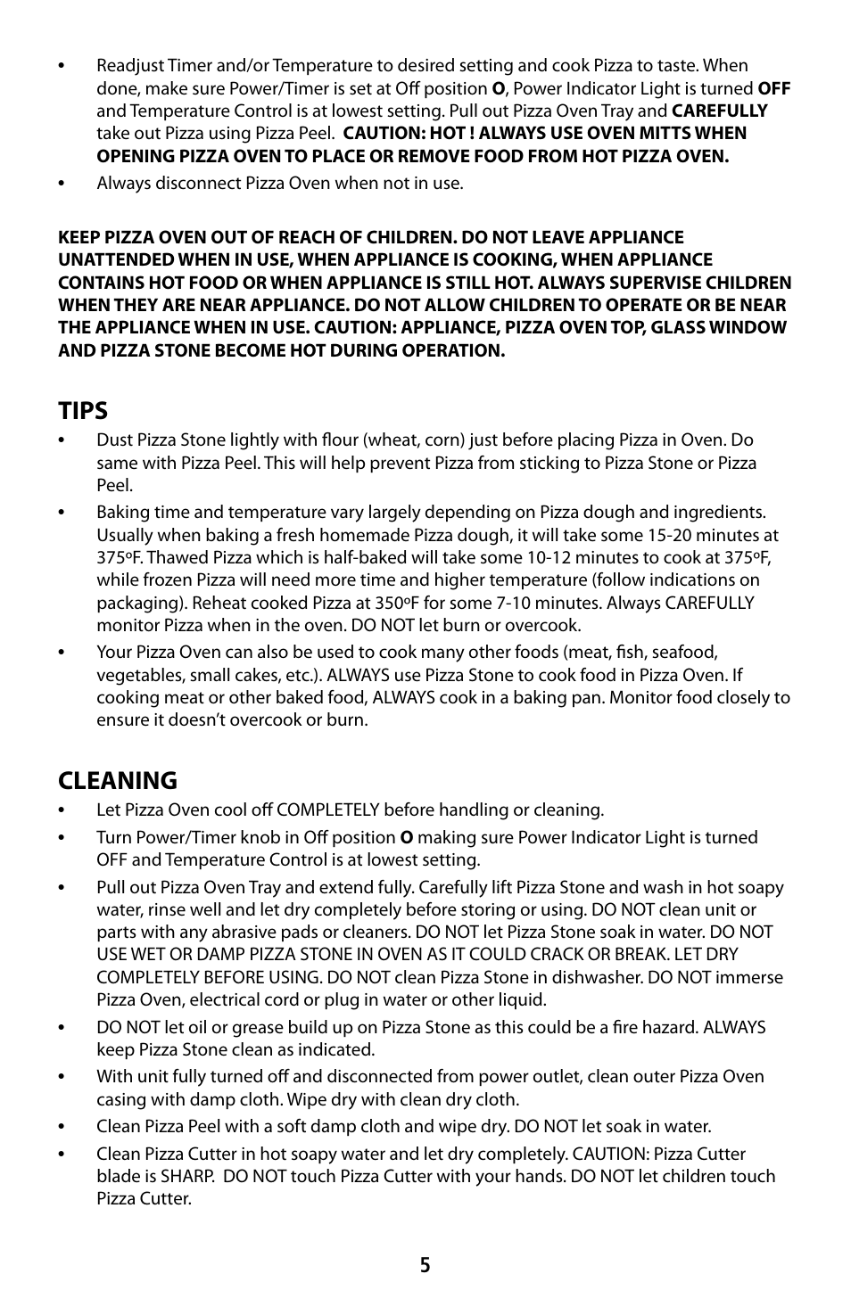 Tips, Cleaning | CuiZen Pizza Oven PIZ-1812 User Manual | Page 5 / 9