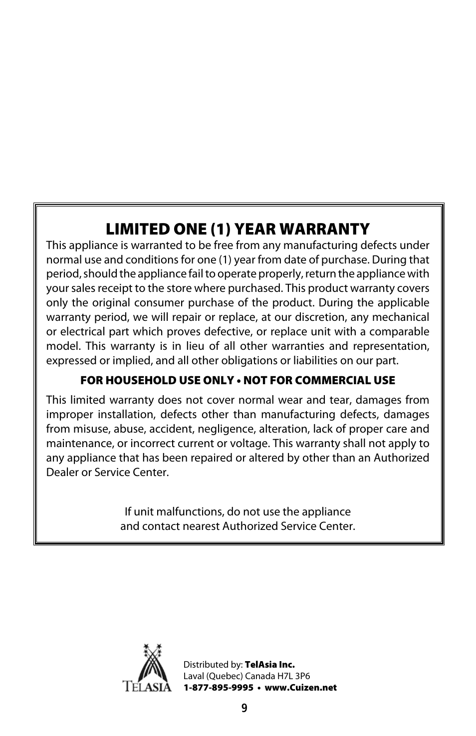 Limited one (1) year warranty | CuiZen Pizza Oven PIZ-1812 User Manual | Page 9 / 9