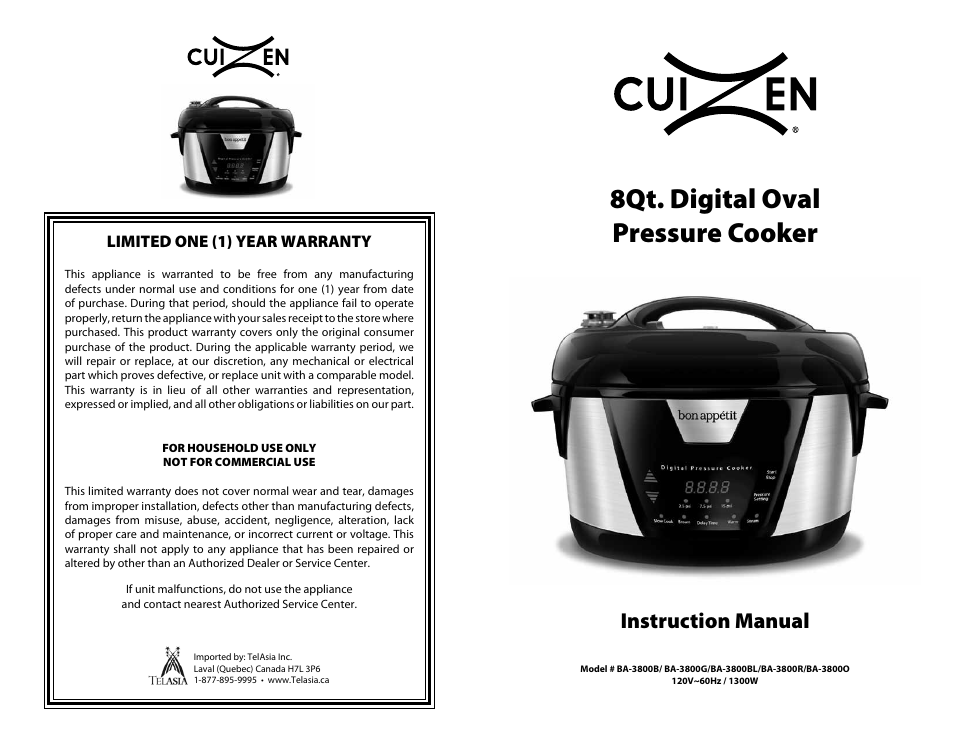 CuiZen Ovel Pressure Cooker CPC-380 User Manual | 8 pages