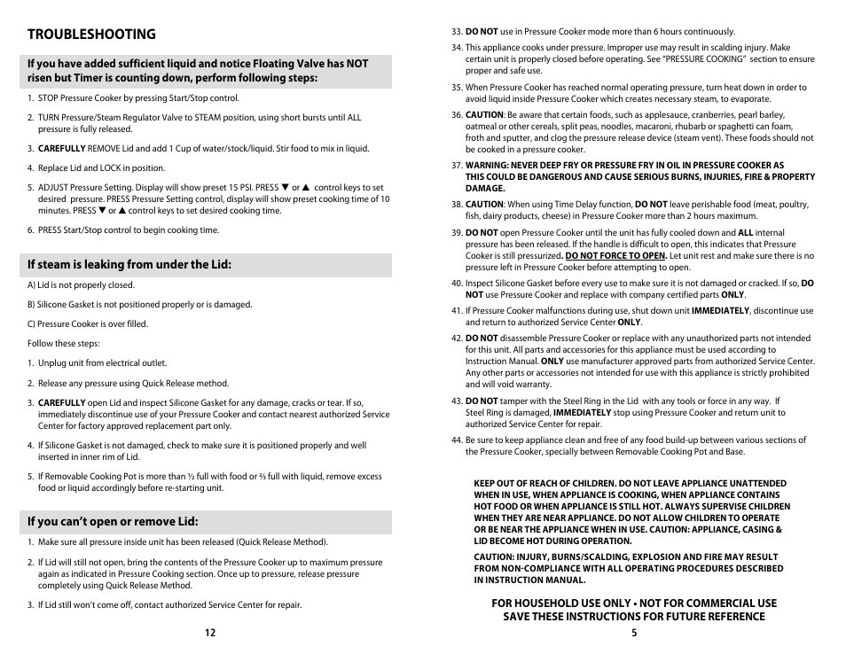 Troubleshooting, If steam is leaking from under the lid, If you can’t open or remove lid | CuiZen Ovel Pressure Cooker CPC-380 User Manual | Page 5 / 8