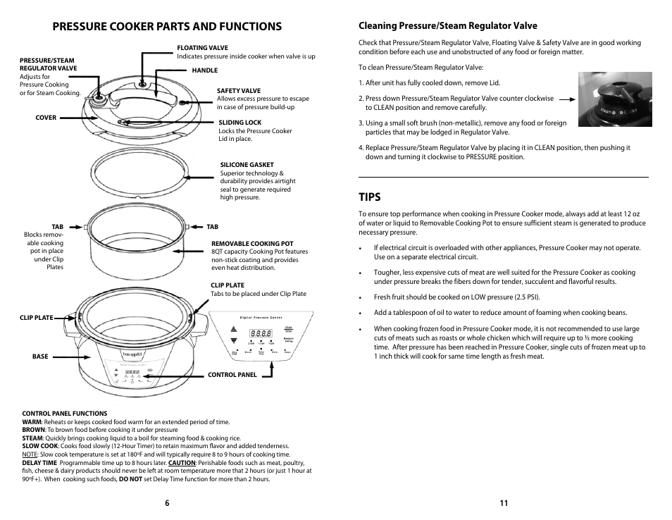 Pressure cooker parts and functions, Tips, Cleaning pressure/steam regulator valve | CuiZen Ovel Pressure Cooker CPC-380 User Manual | Page 6 / 8