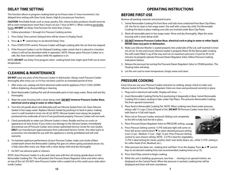 Delay time setting, Cleaning & maintenance, Operating instructions before first use | Pressure cooking | CuiZen Ovel Pressure Cooker CPC-380 User Manual | Page 7 / 8