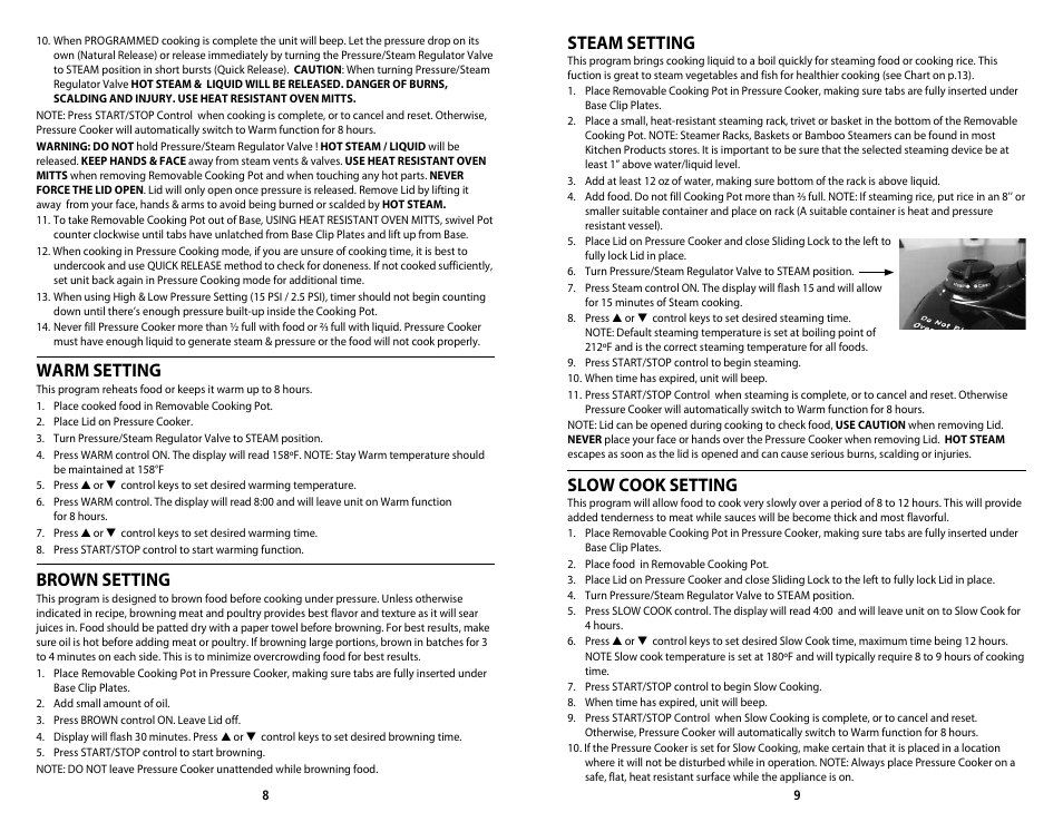 Warm setting, Brown setting, Steam setting | Slow cook setting | CuiZen Ovel Pressure Cooker CPC-380 User Manual | Page 8 / 8