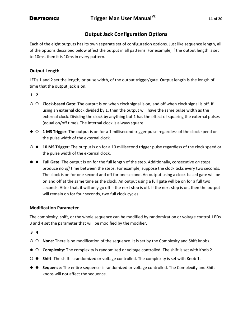 Output jack configuration options, Output length, Modification parameter | Trigger man user manual | Delptronics Trigger Man User Manual | Page 11 / 20