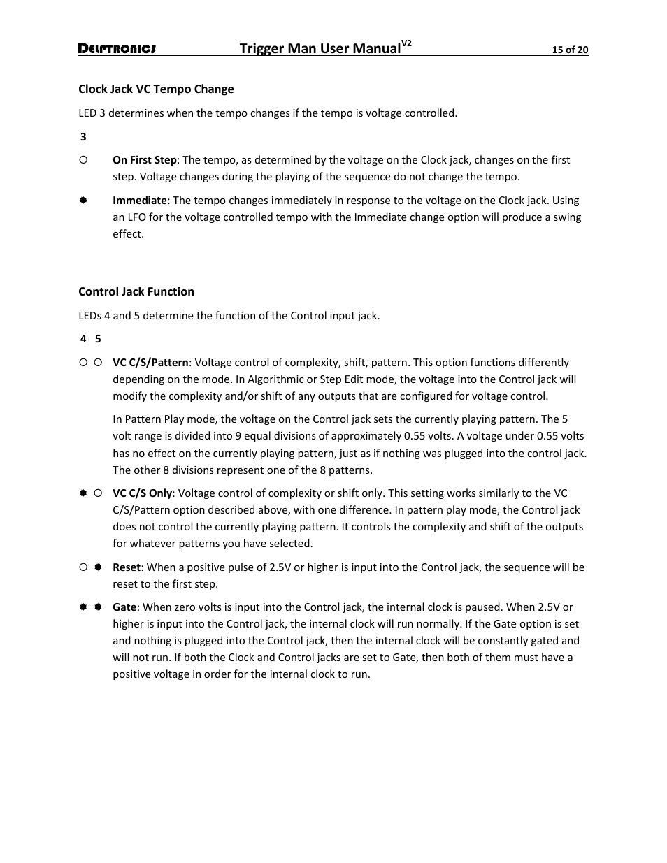 Clock jack vc tempo change, Control jack function, Trigger man user manual | Delptronics Trigger Man User Manual | Page 15 / 20