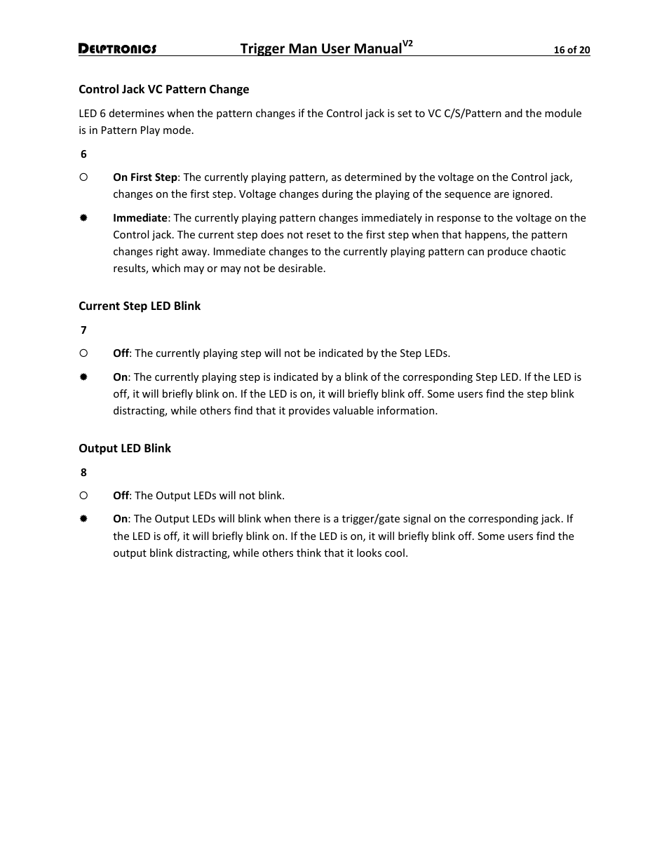 Control jack vc pattern change, Current step led blink, Output led blink | Trigger man user manual | Delptronics Trigger Man User Manual | Page 16 / 20