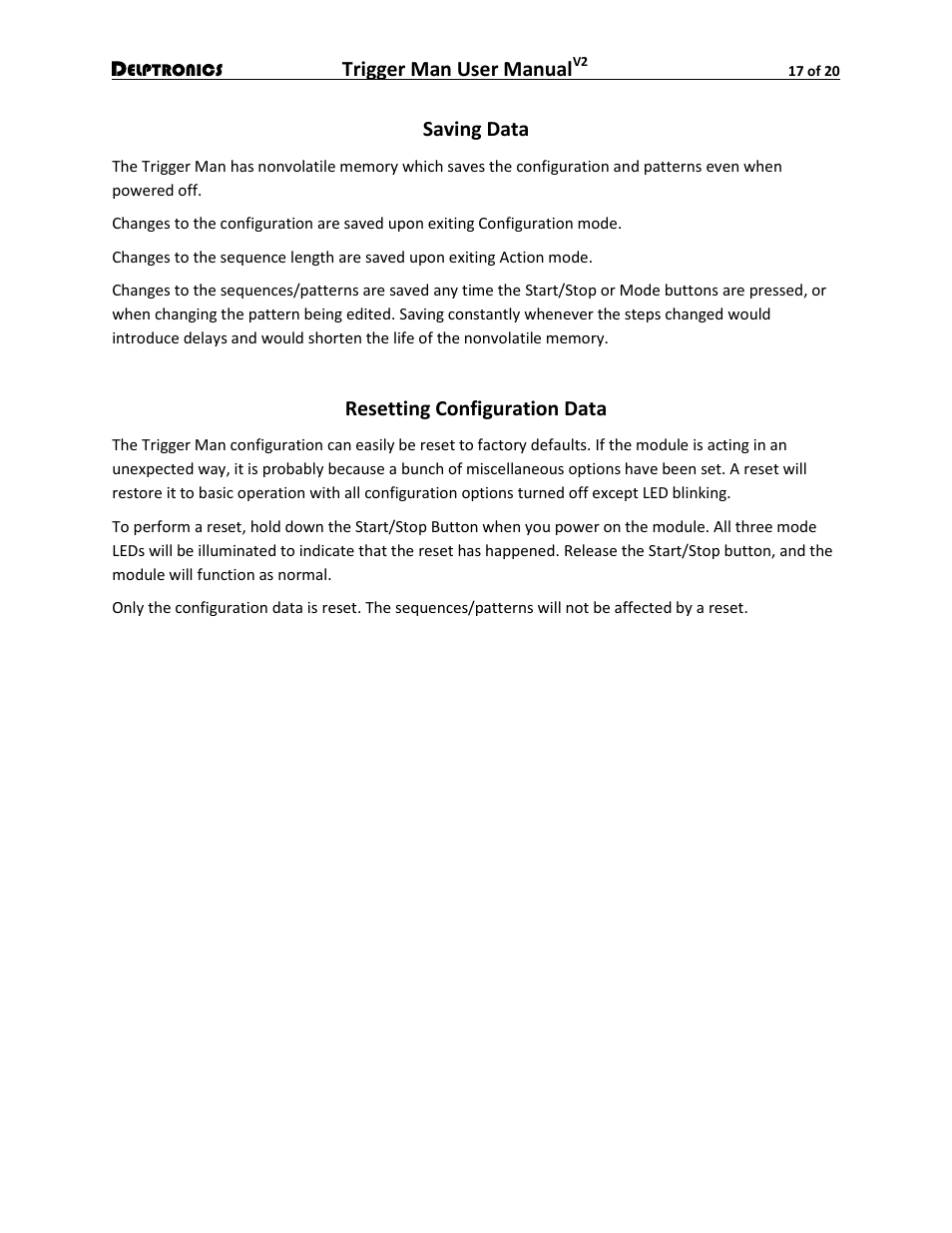 Saving data, Resetting configuration data, Trigger man user manual | Delptronics Trigger Man User Manual | Page 17 / 20