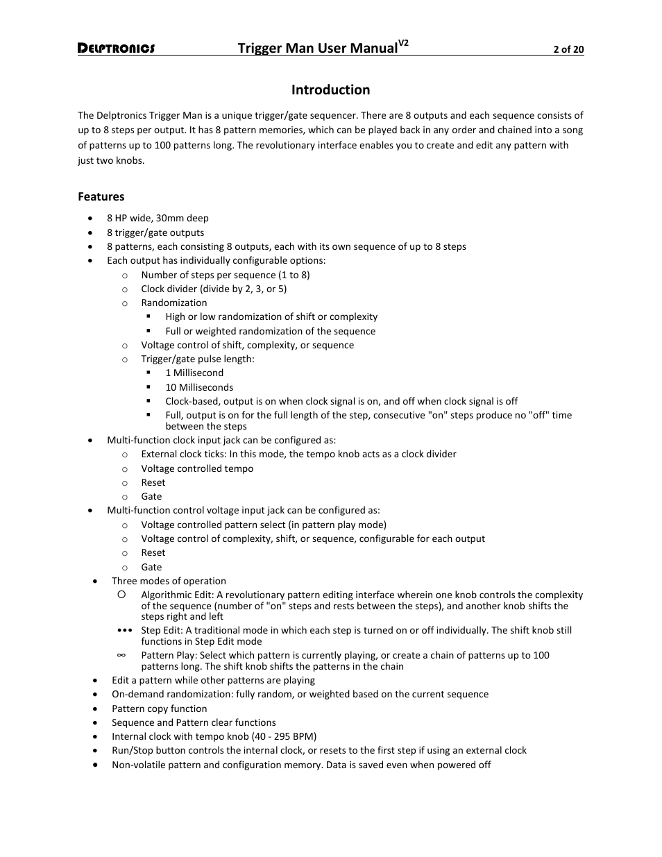 Introduction, Features, Trigger man user manual | Delptronics Trigger Man User Manual | Page 2 / 20