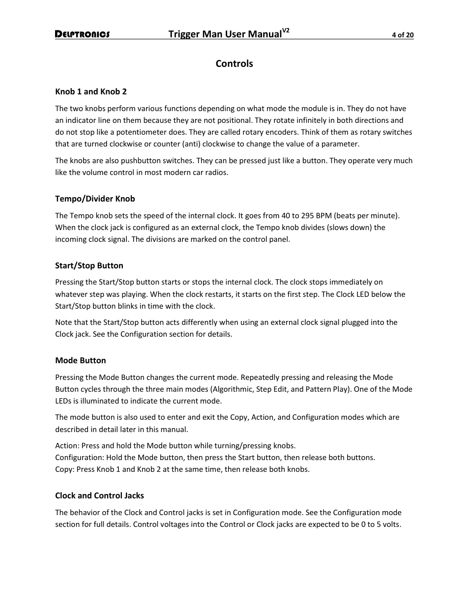 Controls, Knob 1 and knob 2, Tempo/divider knob | Start/stop button, Mode button, Clock and control jacks, Trigger man user manual | Delptronics Trigger Man User Manual | Page 4 / 20