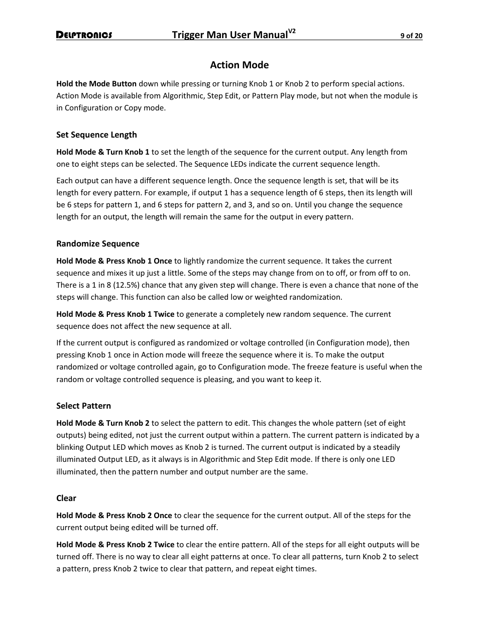 Action mode, Set sequence length, Randomize sequence | Select pattern, Clear, Trigger man user manual | Delptronics Trigger Man User Manual | Page 9 / 20