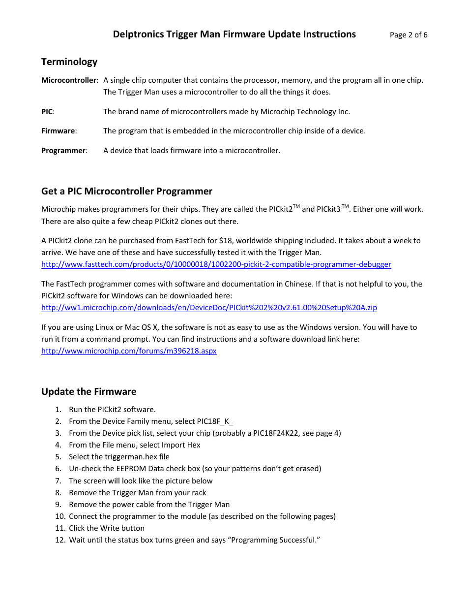 Terminology, Get a pic microcontroller programmer, Update the firmware | Delptronics Trigger Man User Manual | Page 2 / 6