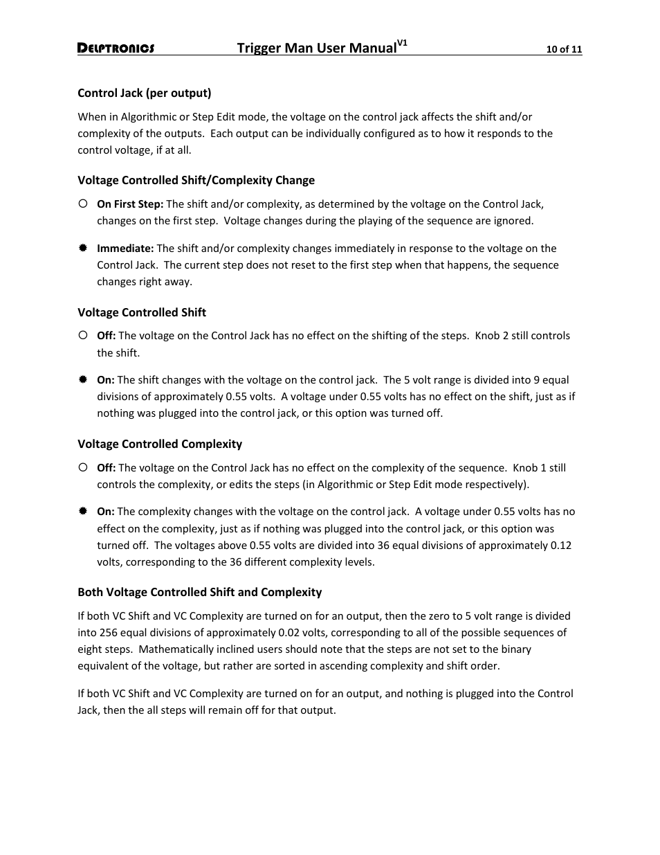 Control jack (per output), Voltage controlled shift/complexity change, Voltage controlled shift | Voltage controlled complexity, Both voltage controlled shift and complexity, Trigger man user manual | Delptronics Trigger Man User Manual | Page 10 / 11